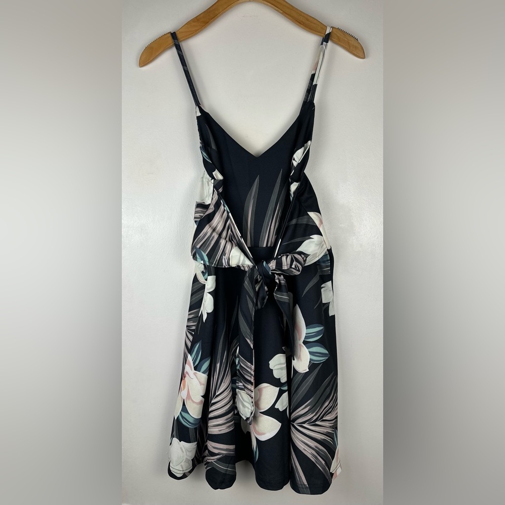 Floral Fit & Flare Sundress L Tropical Black Pink Flowers Tie Front Cotton